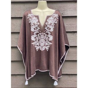 Chico’s Size L/XL Espresso Brown Embellished Granola Embroidered Boho Poncho Top